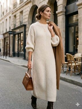Zara Alpaca Wool Blend Long Oversized Knit Maxi Dress Cream Ivory S